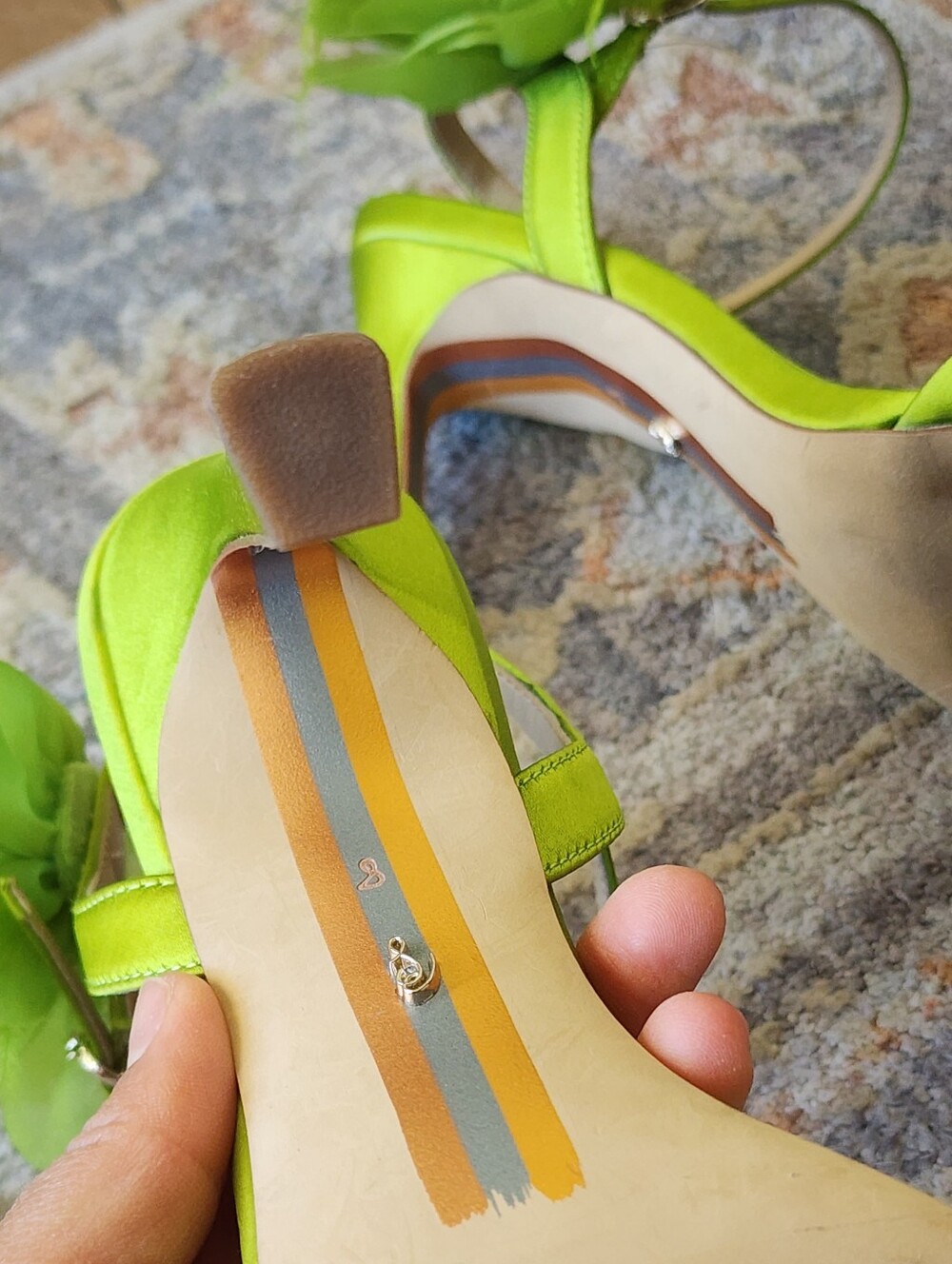 Leana Sandal-Sam Edelman Lime Green Satin Floral  Ankle-Strap Heels - Picture 7 of 7